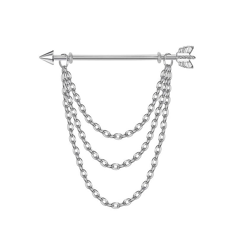 Fashion Stainless Steel Industrial Piercing Long Rod Chain Star Tragus Earrings Jewelry for Women Men