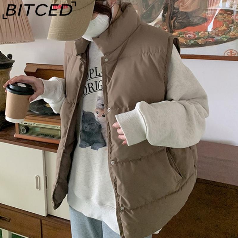 BITCED Down-Filled Cotton Vest for Women Stand-Up Collar, Short-Length Autumn/Winter Loose-Fit Cotton Jacket Lightweight Vest Outerwear