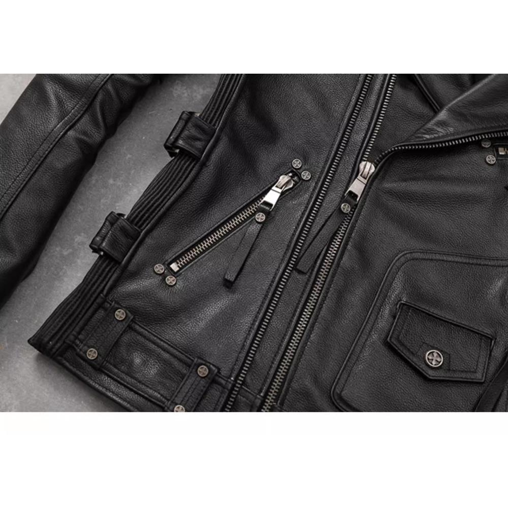 Chinese Size Motorcycle Cowhide Genuine Leather Jacket Men Slim Stone Milled Retro Jacket Calfskin Coat Men Moto Biker Riding Clothes