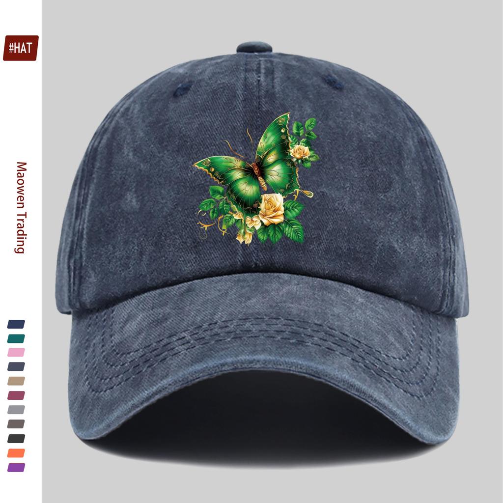 Pc Rose and Green Butterfly Print Baseball Cap Suitable for Spring Summer and Autumn Comfortable and Lightweight Sun Hat Wi