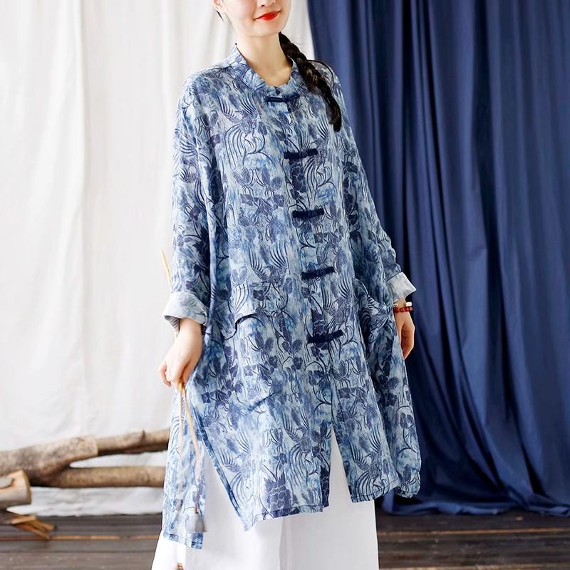 Women's Ethnic Print Retro Stand Collar Midi Shirt with Frog Button, Sun Protection, Loose Fit, Plus Size Outerwear.