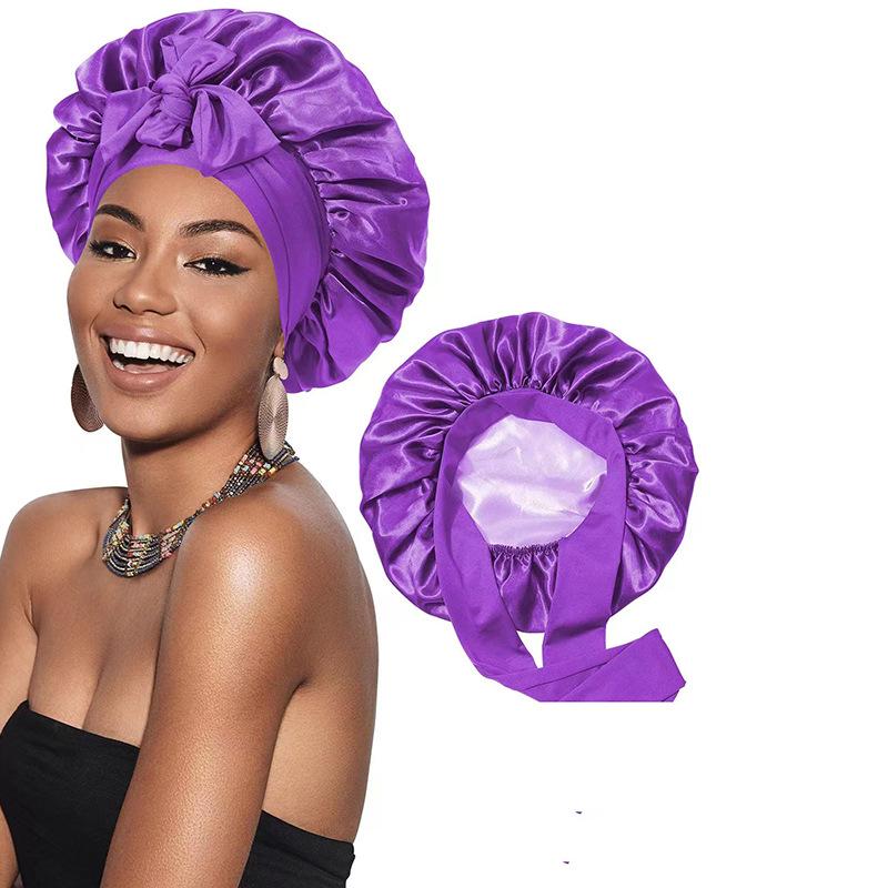 Women's Double-Layer Elastic Satin Sleep Cap - Wide Brim Hair Protection with Bow Ribbon