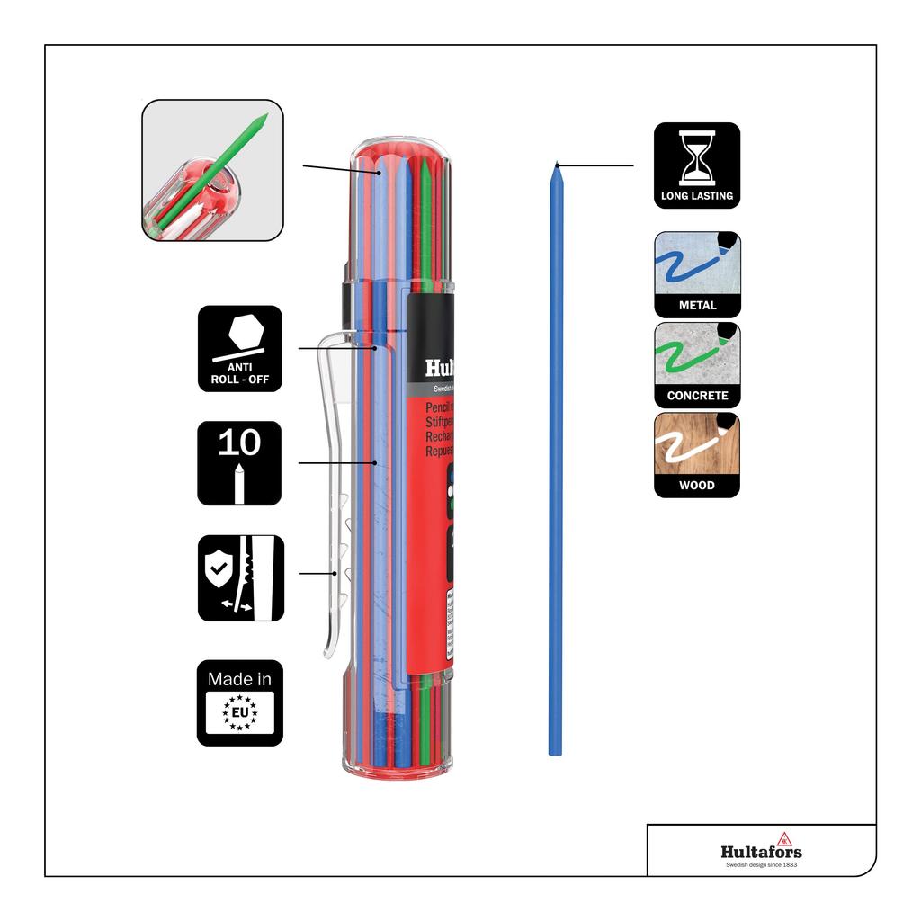 Hultafors Dry Marker Architectural Mechanical Pencil Round Core Refills, Refills, 2.8mm [HRD] (BGW (Blue/Green/White))