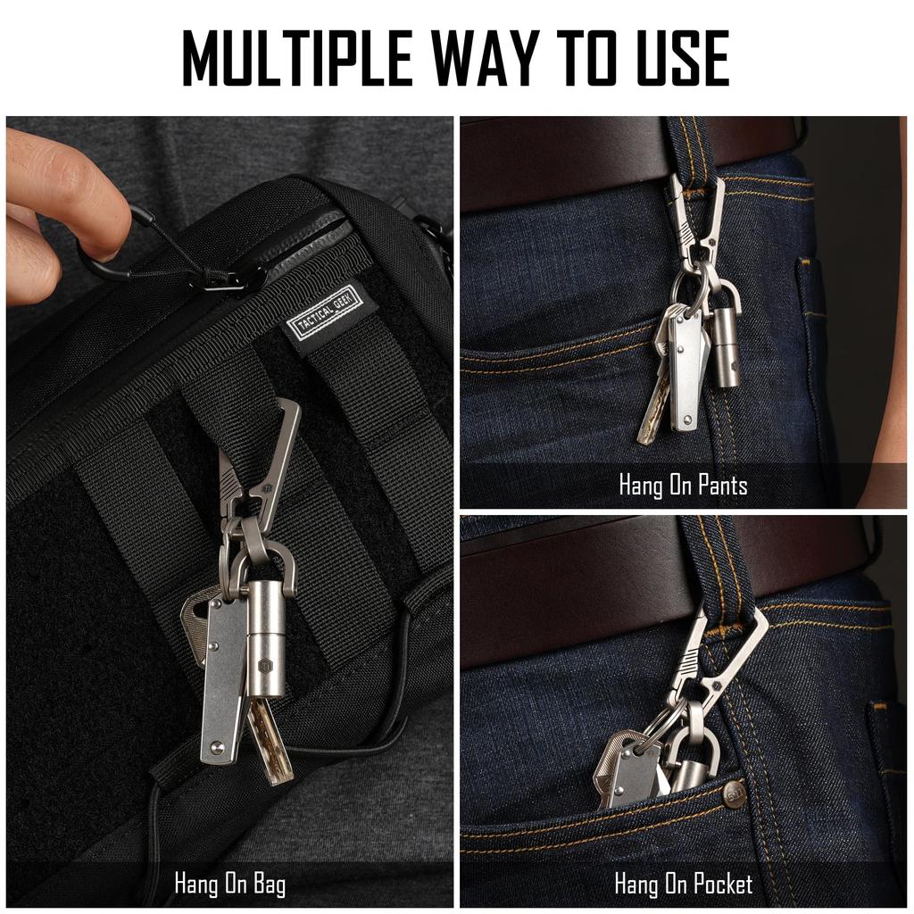 KeyUnity KM16SW Titanium Carabiner Keychain Clip Quick Release D-Ring Keychain with Key Ring, Lightweight, 2 Colors Available: Silver/PVD Black