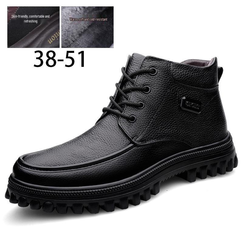 Men's Extra Large Leather High-Top Boots - Business Casual Style with Big Toe Cap and Plus Velvet Lining