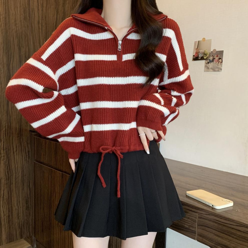 

Autumn and winter lapel striped half-zipper sweater for women s wear loose and thin lazy style retro short drawstring knitted sweater Average size 56-251 червоний