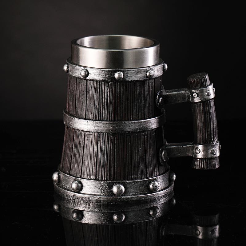 Handcrafted Wooden-Style Barrel Beer Mug with Stainless Steel Lining – Large Capacity