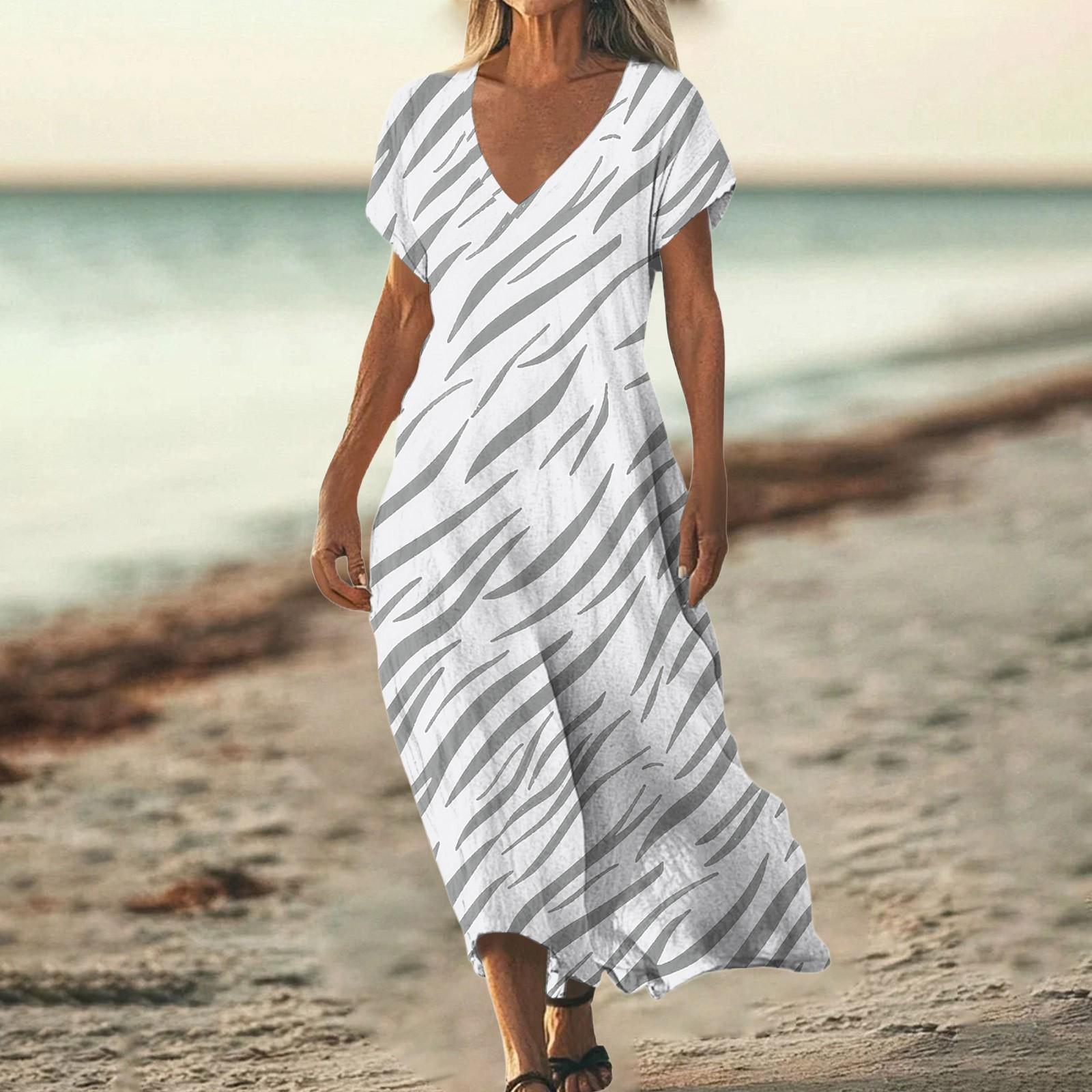 

Модное женское летнее пляжное платье с V-образным вырезом и коротким рукавом из хлопка и льна с винтажным цветочным принтом XL белый