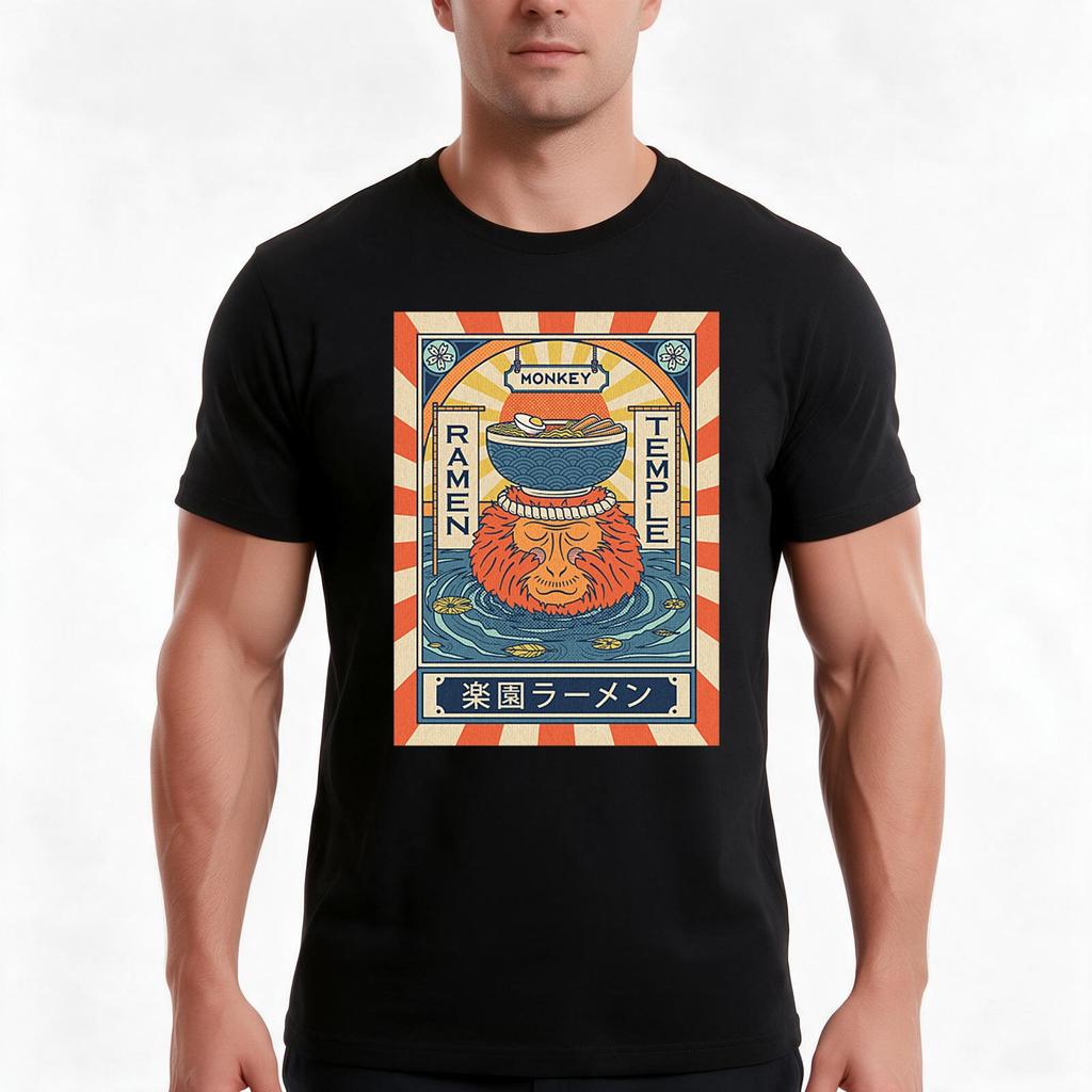 Ramen Temple Monkey Tshirt Summer Casual Cotton Tee Oversized Streetwear Tops Vintage Graphic Print Loose Fit Short Sleeve