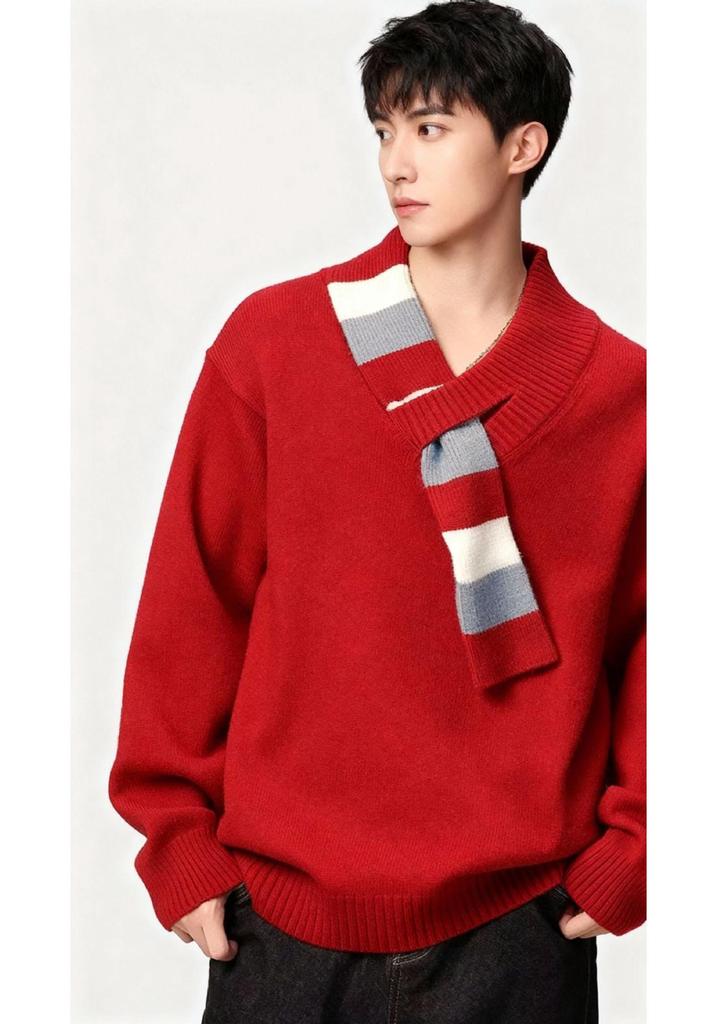 Women's 2026 Red V-Neck Thick Knit Sweater - New Year Winter Style