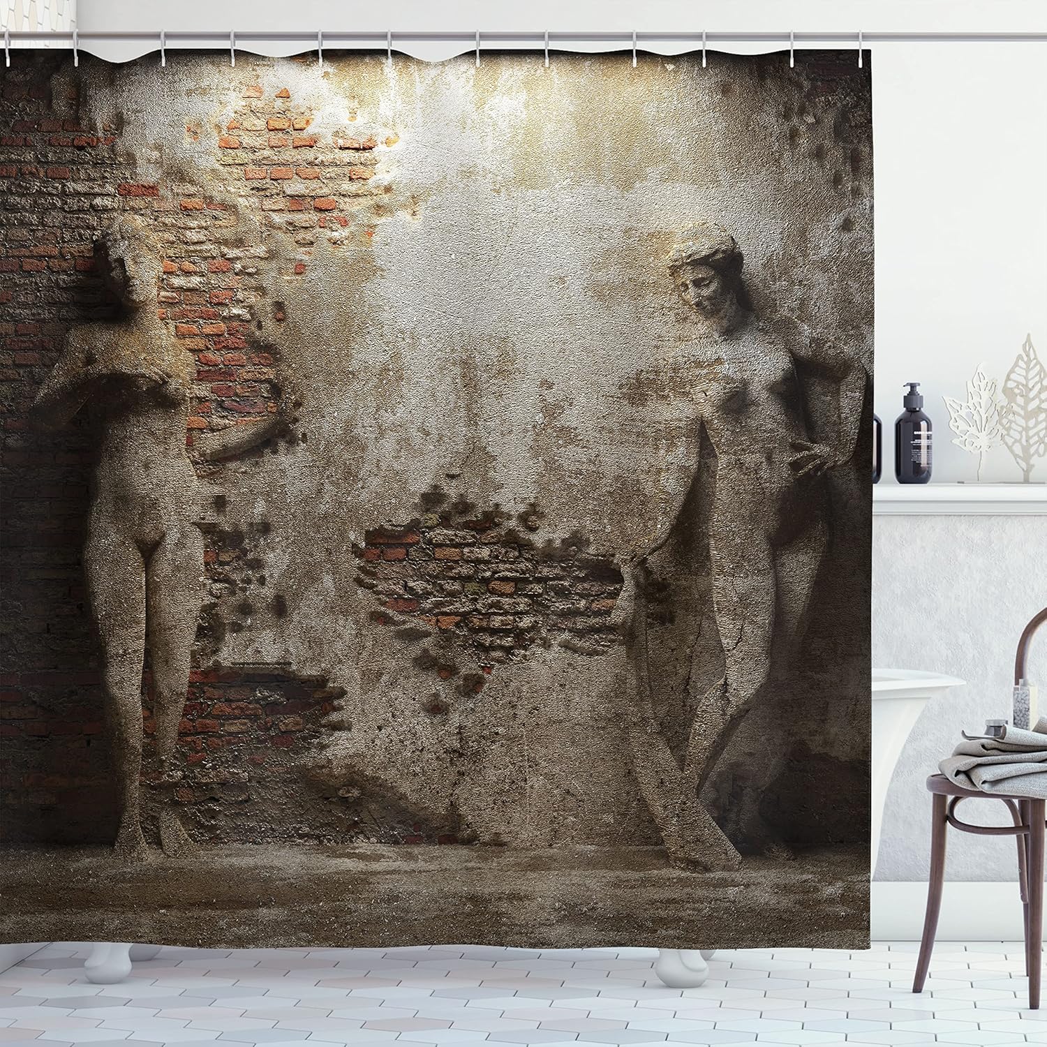 

Retro Vintage Shower Curtain with Hooks – Antique Women on Damaged Wall, Industrial Grunge Art Bathroom Decor 90x180cm35x71in