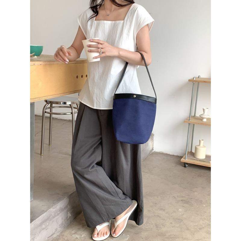 

Portable canvas bag literary niche new shoulder bag women s splicing cylinder bucket bag women сапфировый