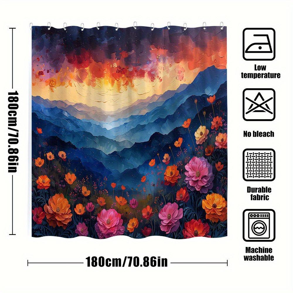 1pc Sunset Poppy Field Bath Curtain - Vibrant Orange Pink Purple Sky Over Rolling Hills with Blooming Red-Orange Flowers,