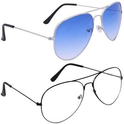 Dervin Aviator Men's and Women's Sunglasses Combo (Blue, Clear) - Pack of 2