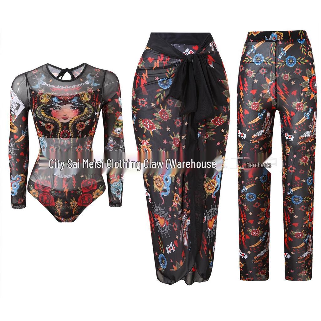 Women's Three-Piece Sun Protection Swimsuit Set with Mesh Pants