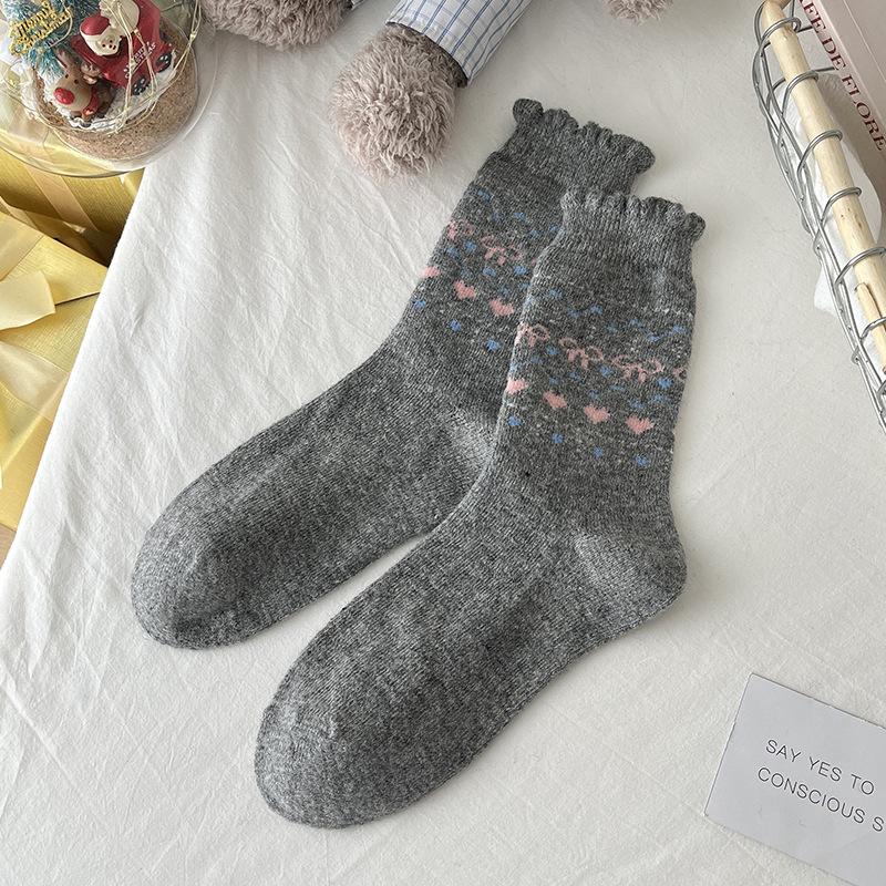 

Christmas Fair Isle Reindeer Wool Socks for Girl Warm Knit Crew Socks Thermal Thickened BowTrimmed Slouch Socks for Winter One Size
