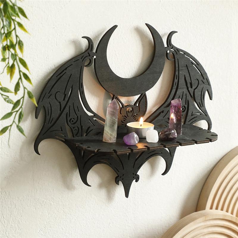 VOFUN-Black Wooden Wall Shelf Gothic Bat Moon Profiling Hollow Pattern Floating Shelf Crystal Holder Goth Witch Room Decor