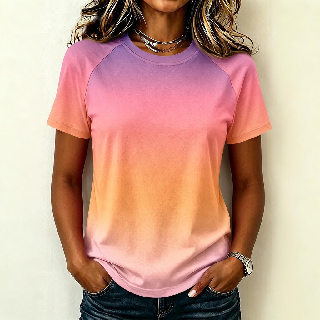 Women's Casual Raglan Sleeve Crew Neck Short Sleeve Top Gradient Print Lightweight Soft Fabric Relaxed Fit