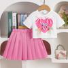 4-7Y Children's Clothing Love Bow Beige Top + Pink Pleated Skirt Set Kids Set Girl Gress