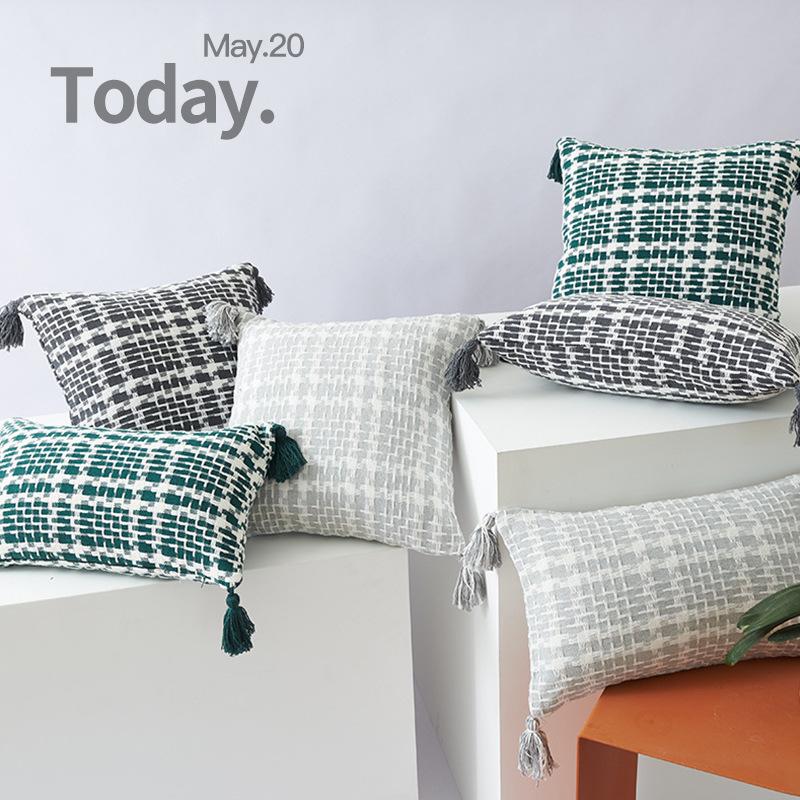 Houndstooth Two-color Woven Pillow Polyester-cotton Tassel Double-sided Office Fashion Ins Style Sofa Cushion Pillow Cover