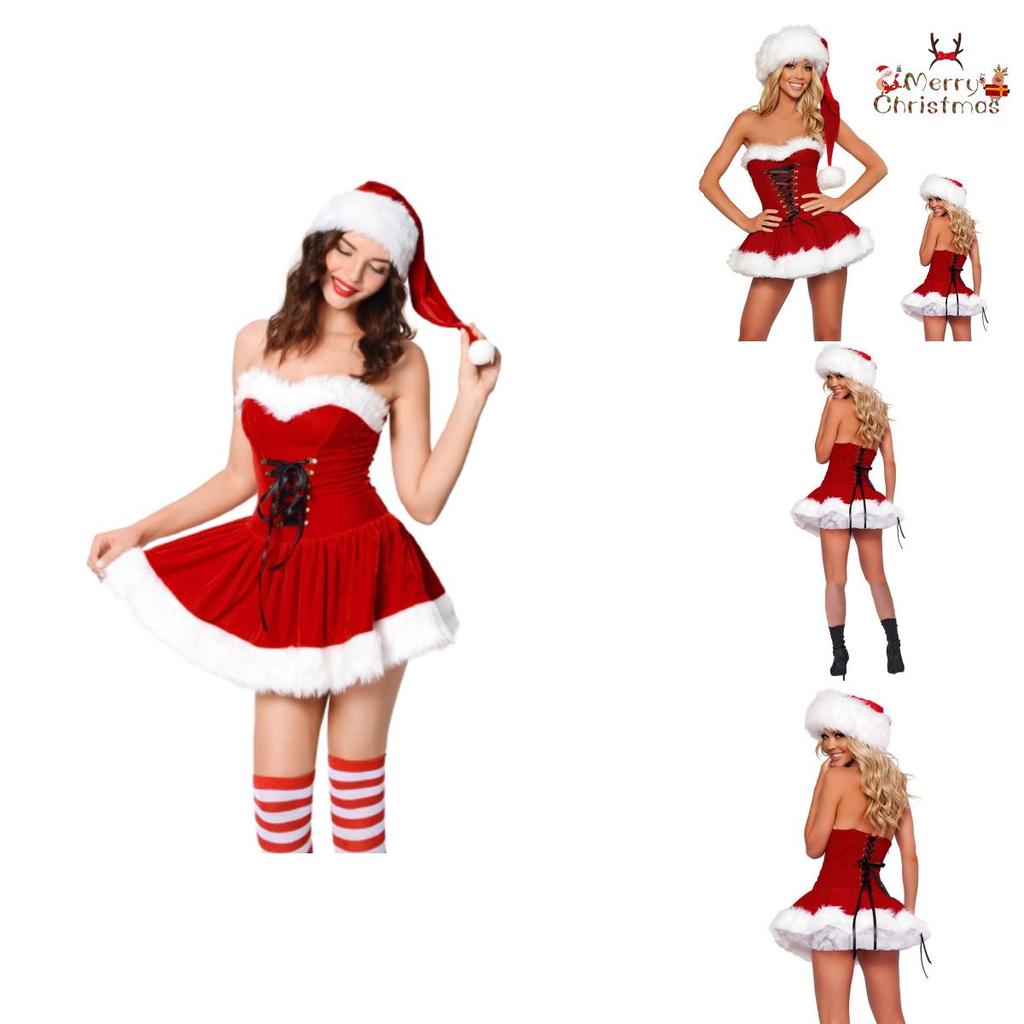 Women's Stunning Velvet Off Shoulder Christmas Dress Cosplay Santa Outfit