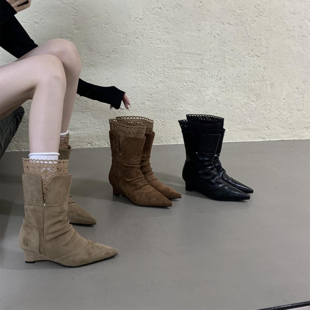 French retro suede thick heel short tube thin boots women's 2025 autumn and winter new fashionable versatile pleated stacked short boots