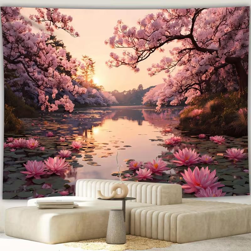 2D Pink Cherry Blossom Lake Tapestry, HD Print Lotus Flower Nature Wall Cloth for Home Studio & Party Decoration