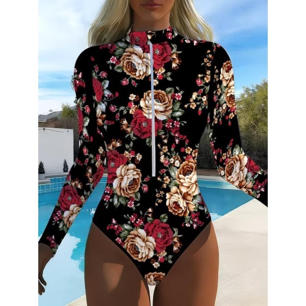 Women Long Sleeve One Piece Swimsuit Zip Front  Fresh Floral Fragments Print Rash Guard Surfing Bathing Suit
