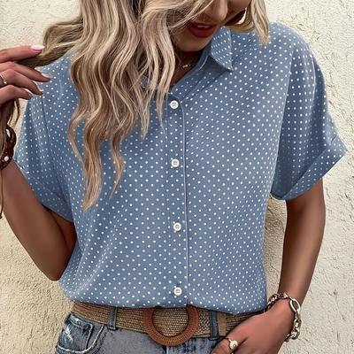 Women's Polka Dot Print Short Sleeve Shirt Loose Casual Top Breathable Spring/Summer Classic Collar Stylish Blouse