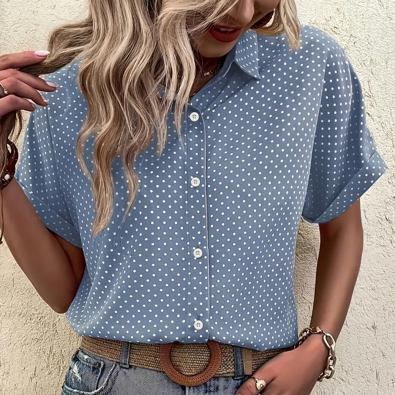 

Women s Polka Dot Print Short Sleeve Shirt Loose Casual Top Breathable Spring/Summer Classic Collar Stylish Blouse 2XL синій