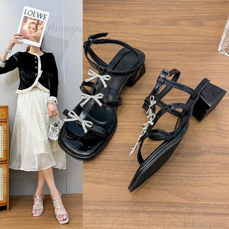 Silver Rhinestone Bowknot Sandals Women's Summer Outdoor Wear French High Heel Thick Roman Sandals Rubber Sole Comfortable Shoes