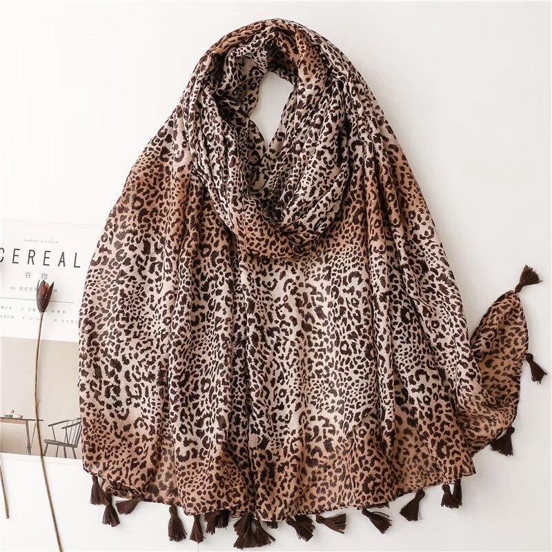 Autumn Women Scarf Cotton Leopard Print Shawl Tassel Summer Sun Protection Muslim Hijab Viscose Wrap Headscarf 90*180cm