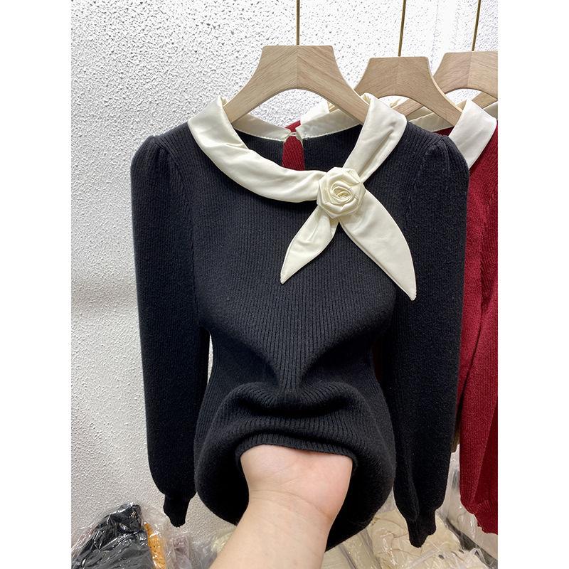 

Popular Tie Tied Bow Knit Sweater for Women Stylish Slim Fit Base Sweater Bubble Long Sleeved Top xl абрикосовий