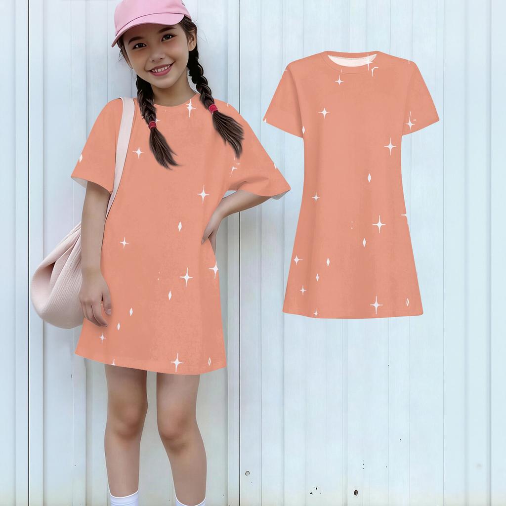 Girls Print Casual Dress Kids Loose Round Neck Short Sleeve Thin Sundress