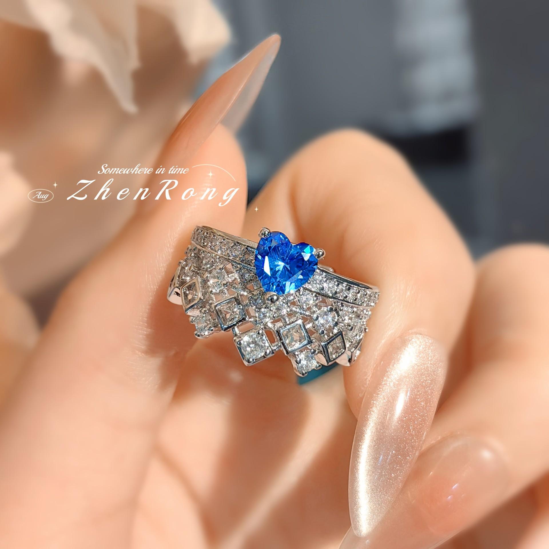 Fashion Light Luxury Imitation Royal Sapphire Crown Ring Versatile High Carbon Diamond Blue Spinel Heart Wedding Ring Diamond Ring Women adjustable open band