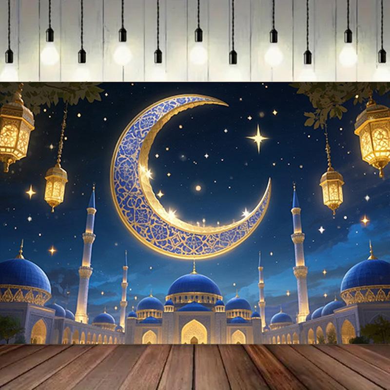 Romantic Starry Sky Theme,EID Al Adha Background Cloth with Crescent Moon,Mosque,Lantern Design,Festive Party Celebrations