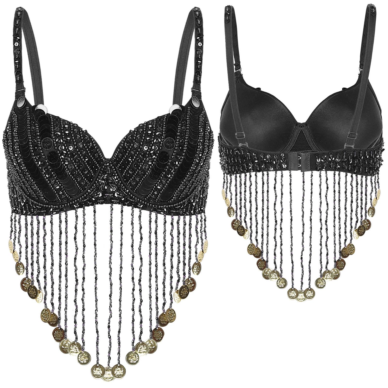 

Женский блестящий бюстгальтер на косточках с блестками, бусинами, кисточками и топами для танца живота Rave One Size чёрный
