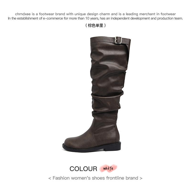 Cowhide version~ retro long boots for women's autumn and winter new round head thick-soled high knight boots, thin pleated stacked boots