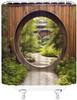 Japanese Shower Curtain Wooden Wall Gate Garden Outside Courtyard Green Plant Rustic Doorway Circle Park Natural Scenery