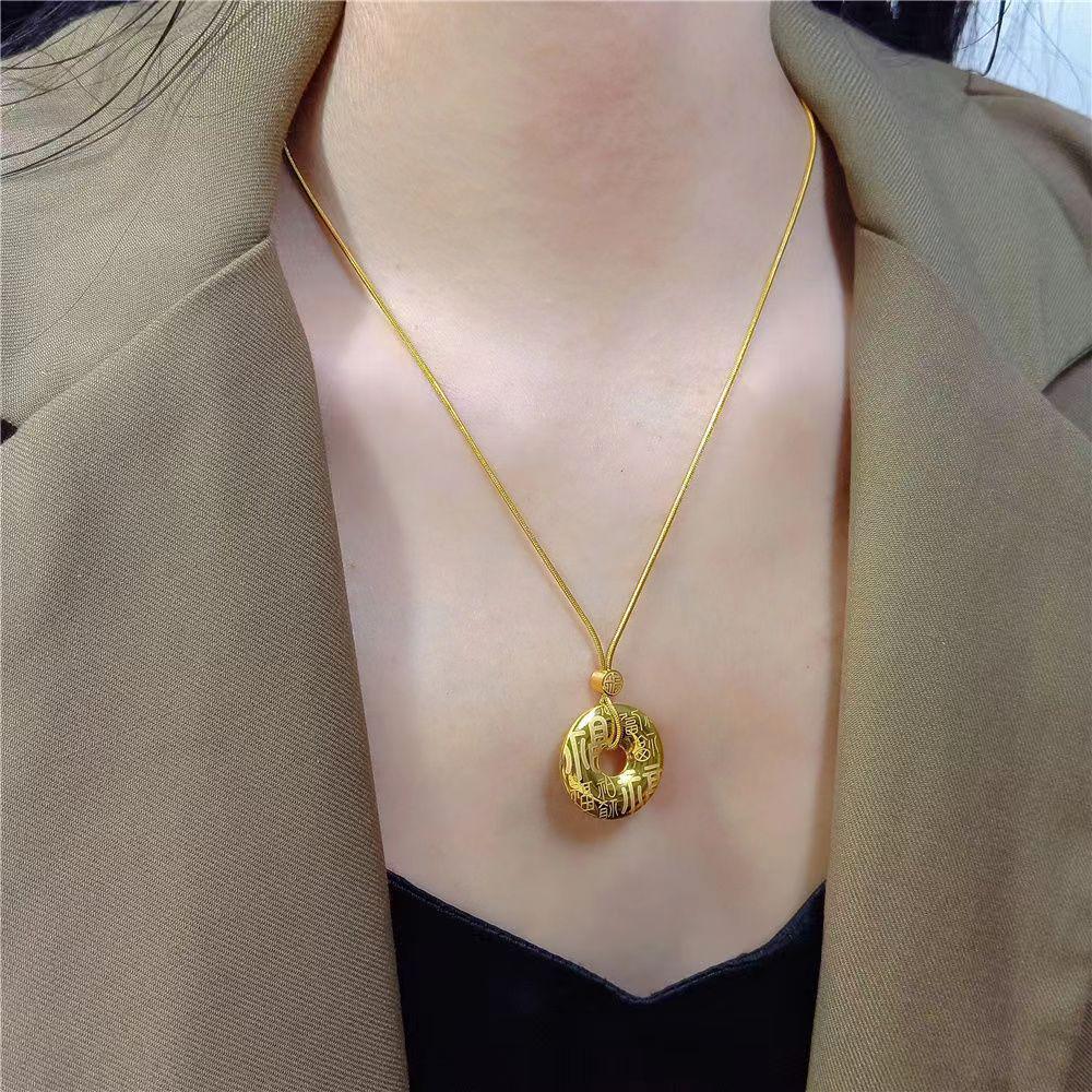 Gold-Plated Hundred Blessings Pendant Necklace - Lucky Bead & Safety Buckle Retro Chinese Style