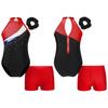 Girls Gymnastics Training Set Sleeveless Rhinestone Patchwork Leotard V Front Waistband Shorts Hair Band