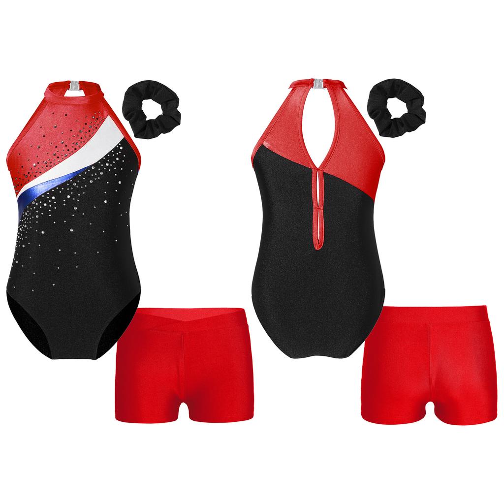 Girls Gymnastics Training Set Sleeveless Rhinestone Patchwork Leotard V Front Waistband Shorts Hair Band