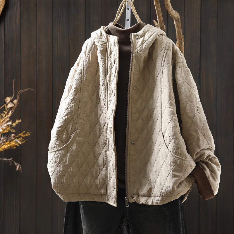 Chaqueta de Algodón con Capucha Acolchada de Diamantes para Mujer - Petite, Holgada, Informal, Ligera, Tendencia Invierno 2025