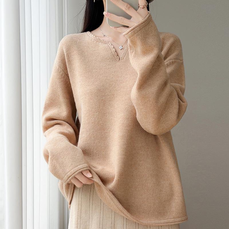 Women's 100% Wool V-Neck Lace Knit Pullover - Long Sleeve, Solid Color, Loose Fit Sweater for Autumn/Winter