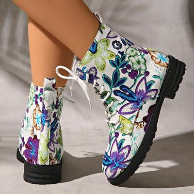 Fashion 2025  Boots Women's Lace-up Booties Printed New European and American Fashion Platform British Short