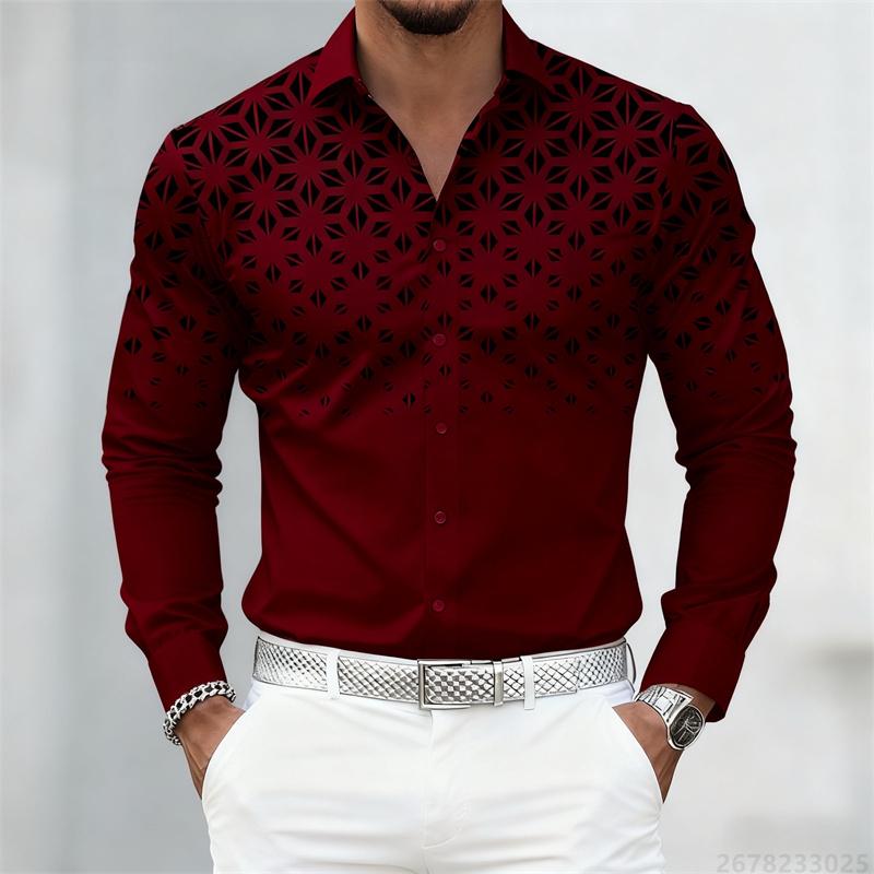 10 Colors of Men's Shirts, Fashionable Geometric Pattern Print Long Sleeve Shirts, Personalized Trendy Slim Lapel Casual Shirts