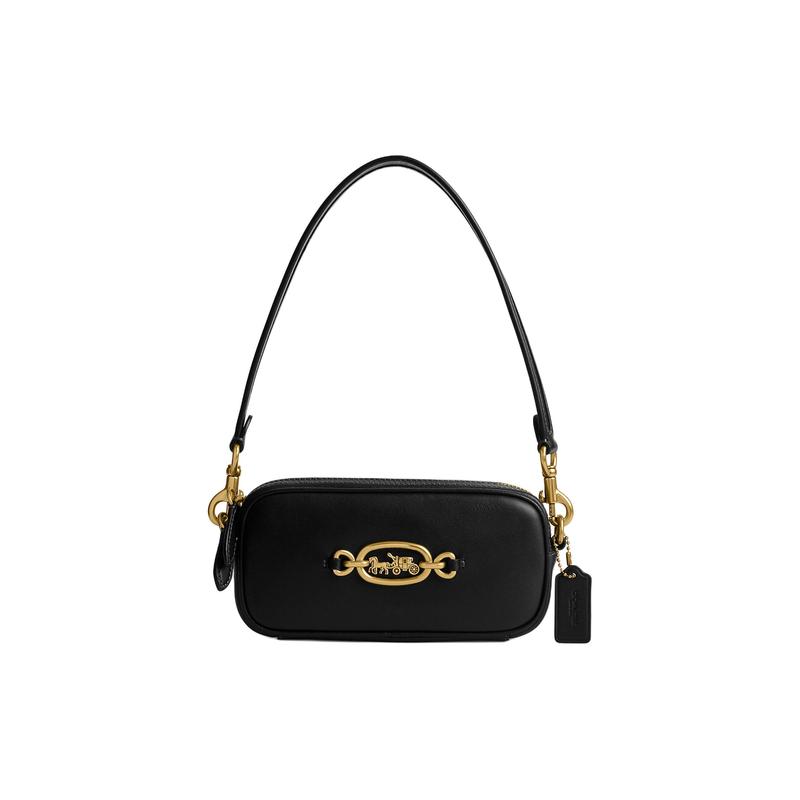 Coach Avery 20 Metal Logo Zip Closure Leather Crossbody Shoulder Bag Small Women Black