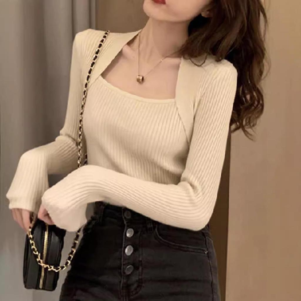Women's Knitted U-Neck Sweater: Versatile, Sexy Two-Piece Look for Autumn/Winter