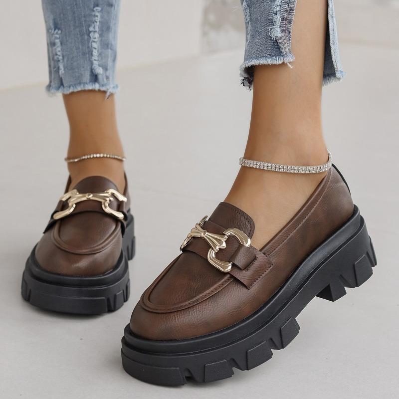 Fashion Women's Thick Soled Single Shoes Autumn New Round Head Deep Mouth Metal Buckle Non-slip Low-top Shoes