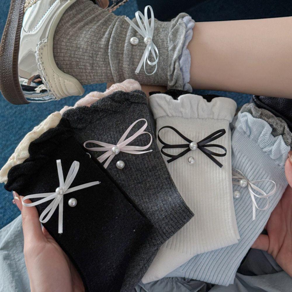 5Pairs Ruffle Mid Tube Socks Thin Sweet Socks Women Solid Color Bowknot Pearl Socks  Lady